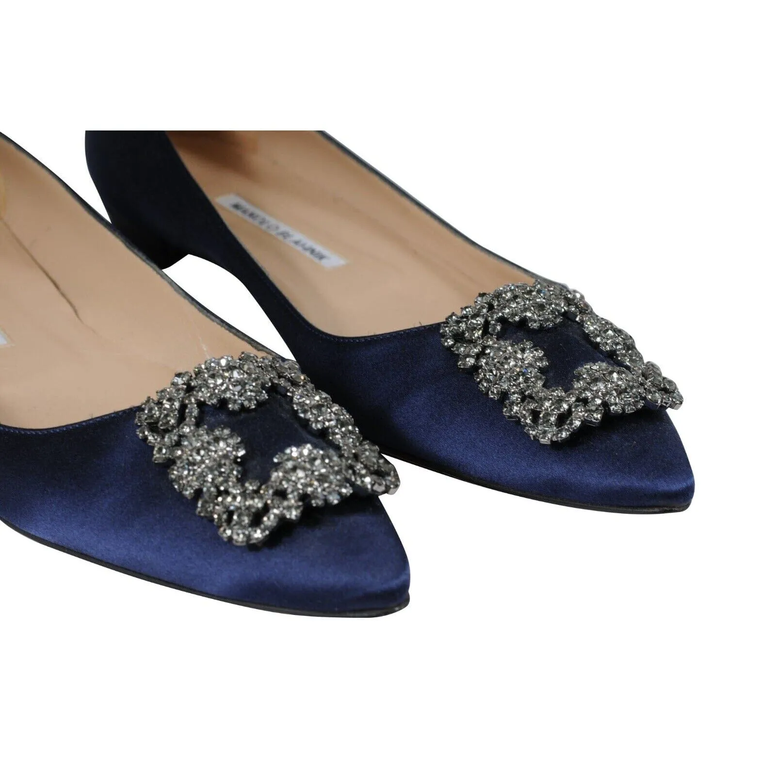 Manolo Blahnik Scorpion Hangisi Flats  Blue Crystal Satin Toe
